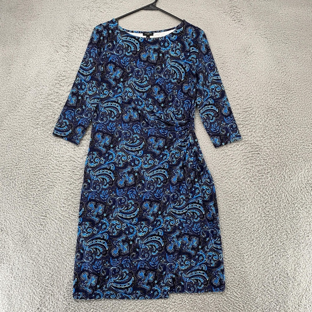 Talbots Dress Womens MP Blue Paisley Stretch Sheath 3/4 Sleeve Knee Length